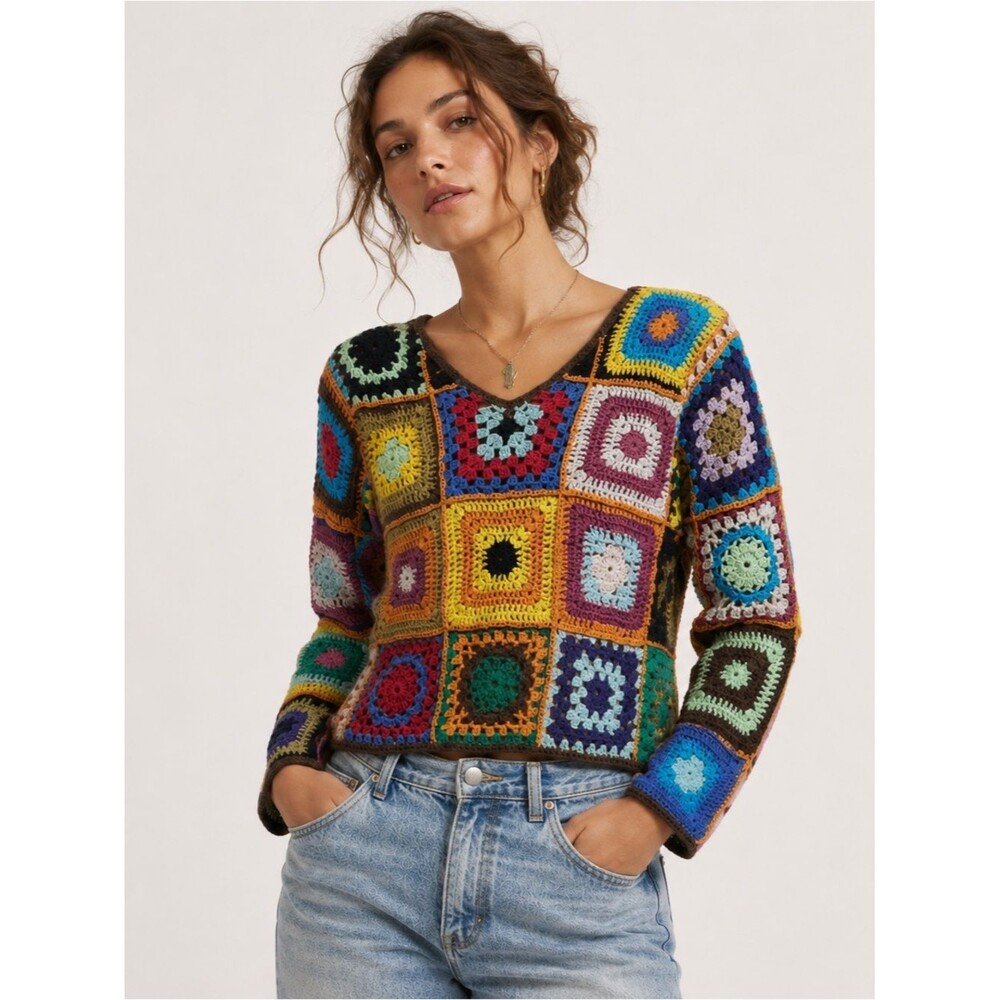 Express Tricot Crochet Granny Square Patchwork V-Neck Sweater Multicolor XS 90s